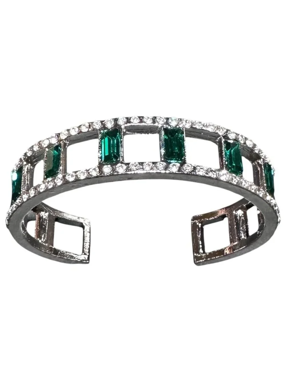 Art Deco Style Bangle Bracelet Emerald Cut Rhinestones Clear Pave Silver Toned